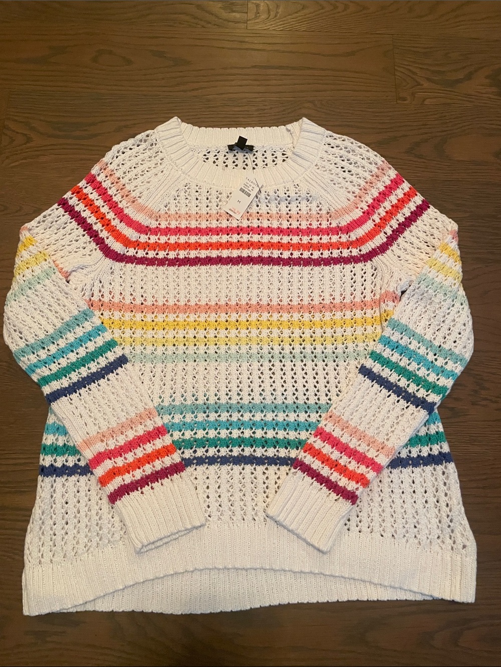 Talbots White Open-Knit Crew Sweater with Rainbow Stripes